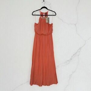 Lily Rose Coral Maxi Dress Gold Embossed Neckline Size Large NWT